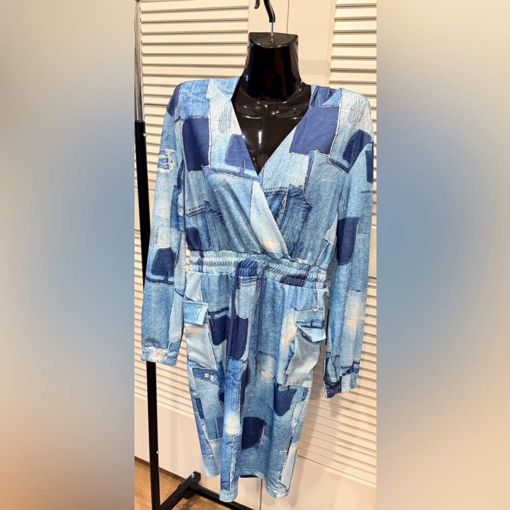 Denim Patchwork Style Wrap Dress